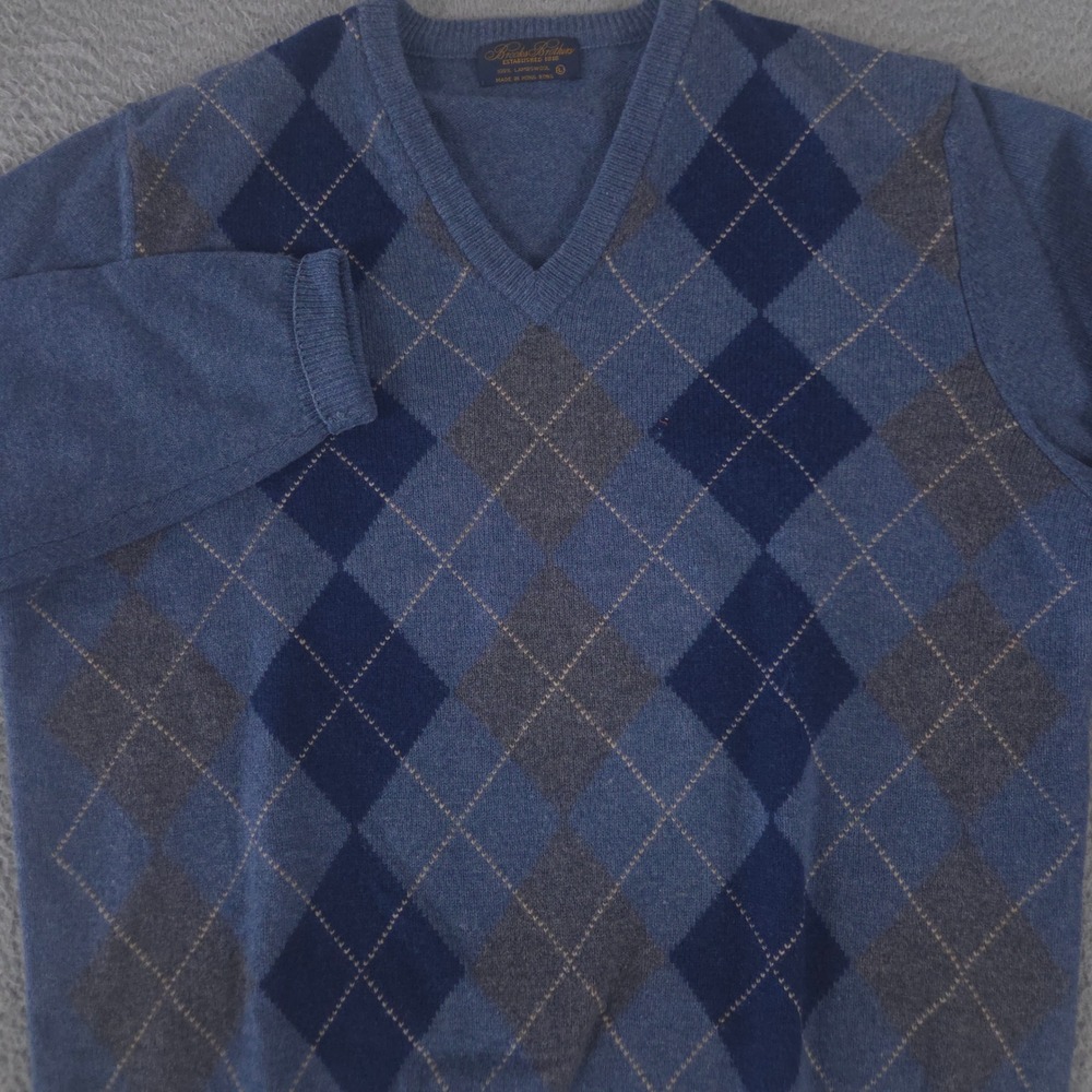 VINTAGE Brooks Brothers Sweater Mens L Blue Argyle Lambswool V-Neck Pullover 90s